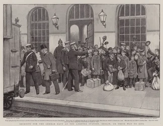 Rekruten für die deutsche Marine am Lehrter Bahnhof, Berlin, auf dem Weg nach Kiel